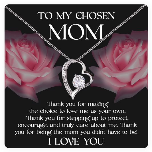 To My Chosen Mom” Elegant Heart Necklace with a Loving Message