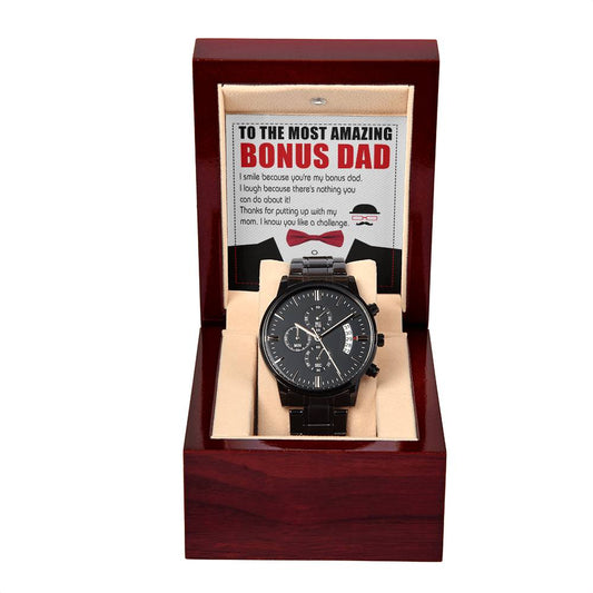 Bonus Dad Watch – Stylish Black Chronograph with a Fun & Heartfelt Message