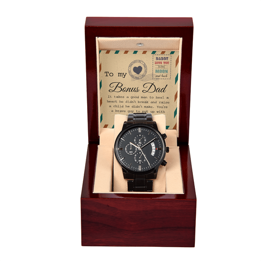 Bonus Dad Watch – Elegant Black Chronograph with Heartfelt Message