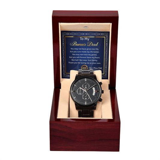 Bonus Dad Watch – Elegant Black Chronograph Timepiece with Heartfelt Message