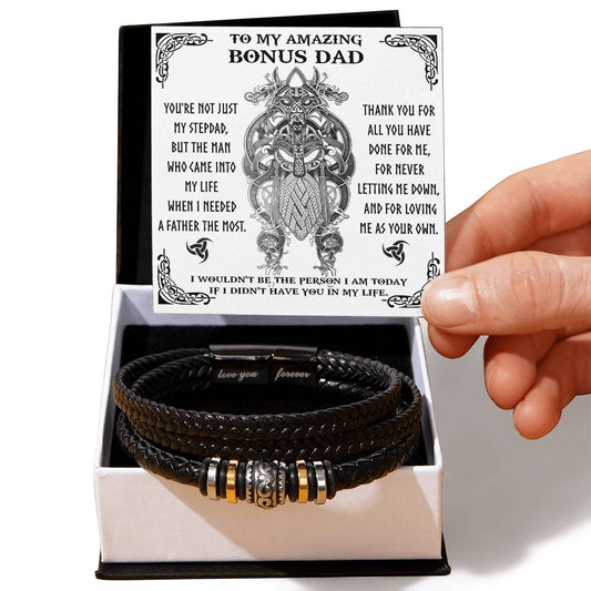 Bonus Dad Viking Bracelet – Stylish Leather Braided Bracelet with Heartfelt Message