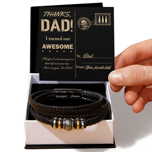 Thanks, Dad! Funny & Heartfelt Father's Day Message from Your Favorite Child Braided Leather Bracelet with Funny Message